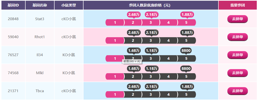 基因ID	基因名称	小鼠类型	参团人数及优惠价格（元）