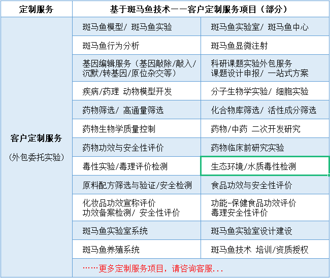 斑马鱼实验模型/cro实验外包/定制服务项目表